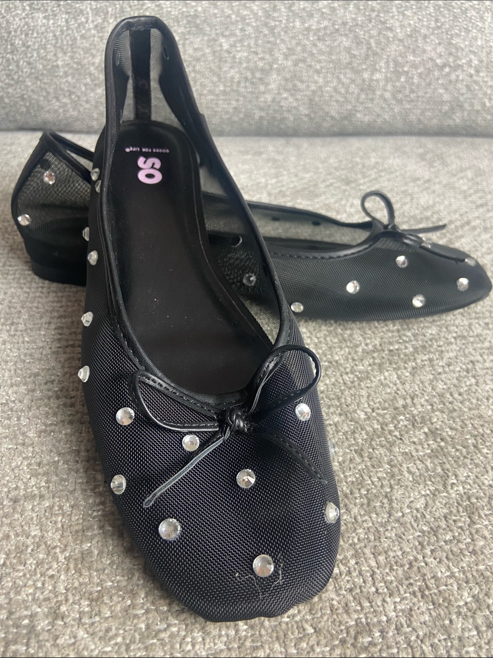 SO Black Mesh Ballet Flats with Rhinestone Studs size 8